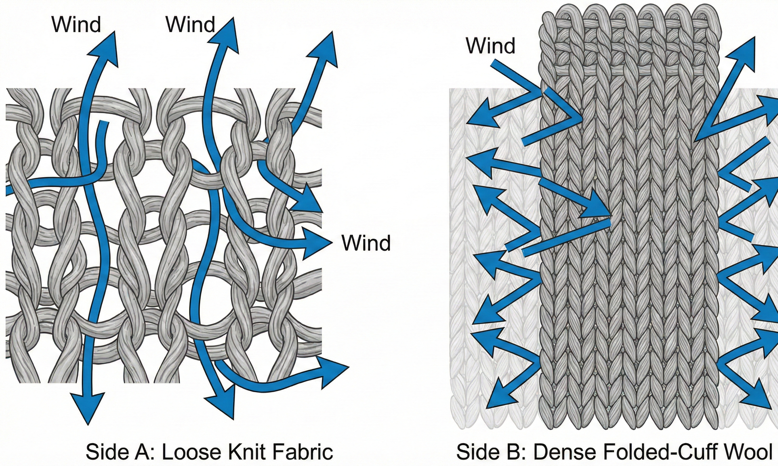 Cross-section diagram of a beanie labeled "Inner Knit Layer," "Dead Air Space," and "Outer Knit Layer," showing how the space between the two fabric layers acts as an "Insulation Barrier" to trap heat.