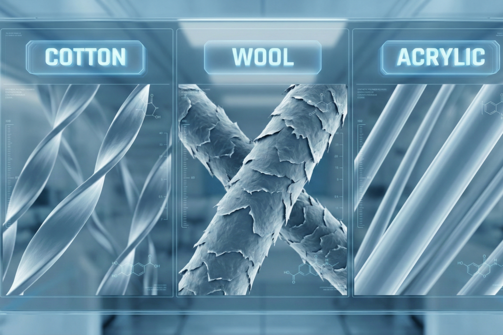 A cream-colored knitted cotton beanie placed on a white marble surface, surrounded by floating 3D blue cellulose molecular models.