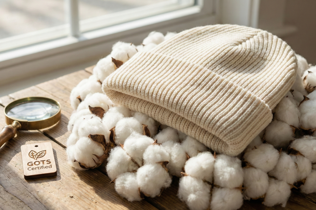 A cream-colored knitted cotton beanie on a white marble slab surrounded by floating 3D molecular models of hydrophilic cellulose.